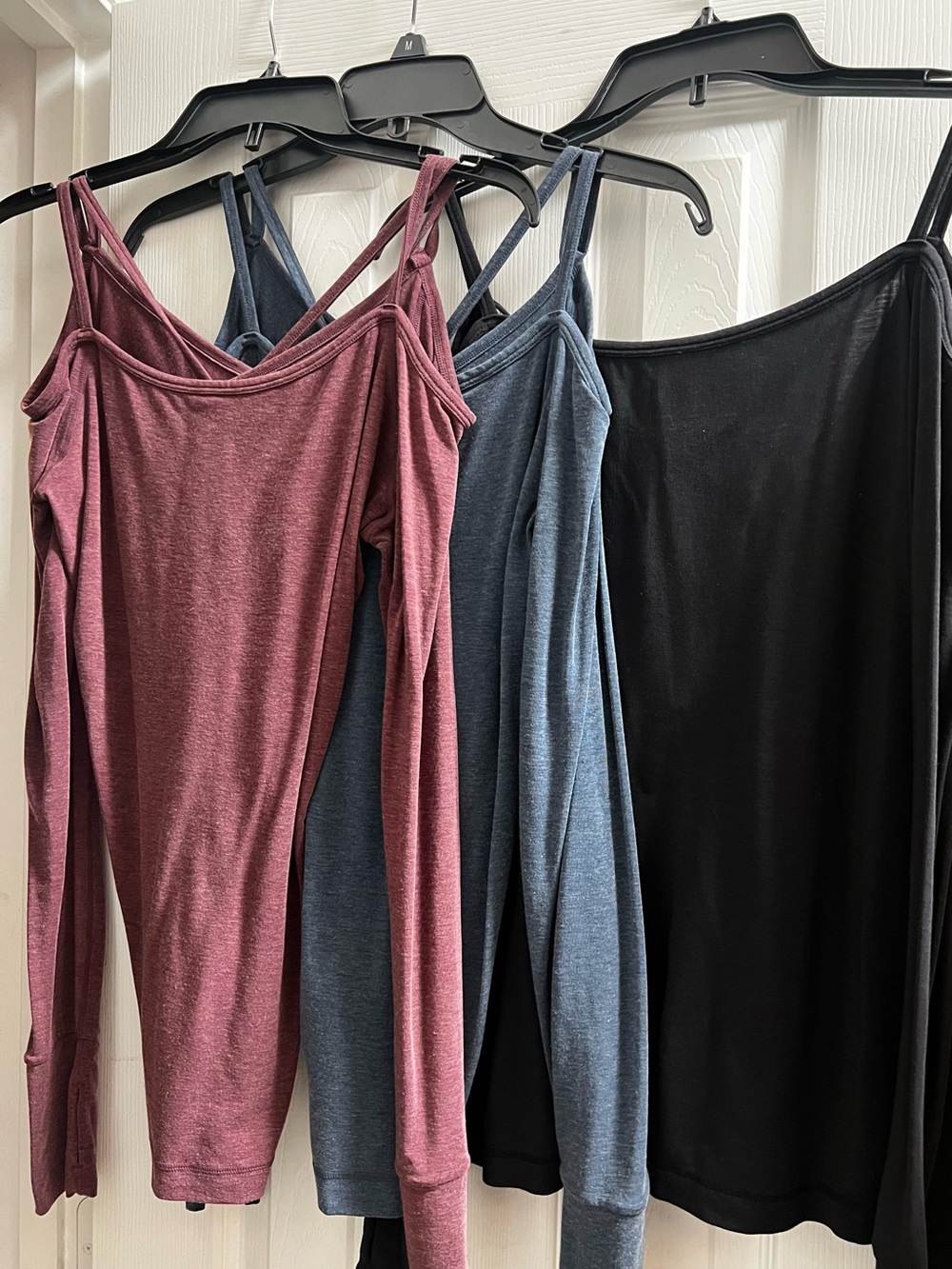Gap Fit Breathe Off-Shoulder Long Sleeve Top - Rose, Denim Blue & Black.